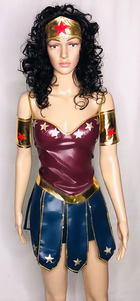 mannequin in maroon, gold, and navy blue pleather wonder woman outfit
