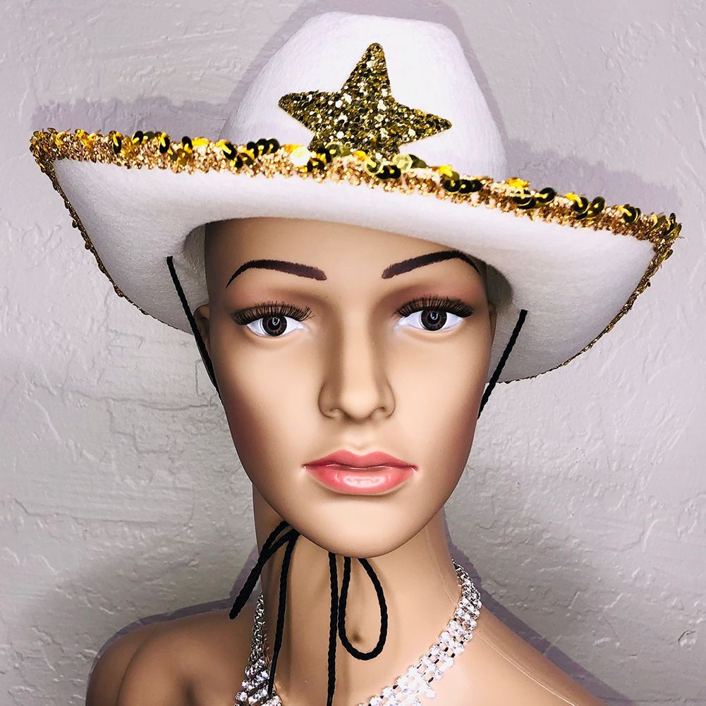 mannequin in white cowboy with gold sequin trim and star