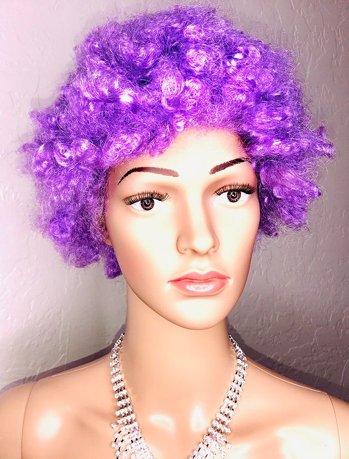 mannequin in purple afro wig