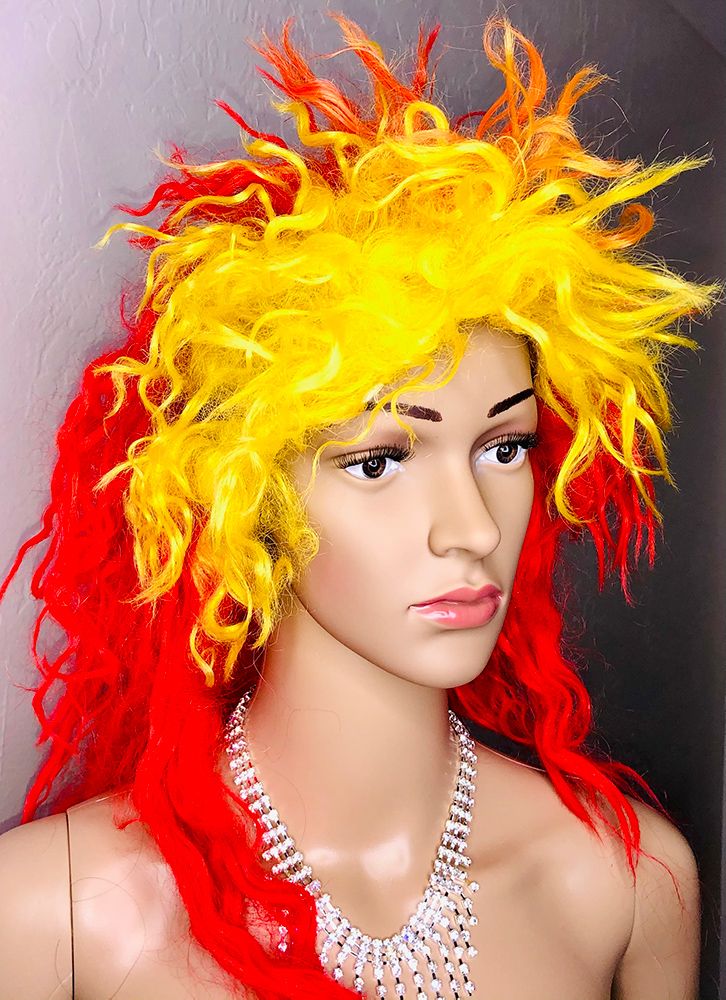 mannequin in long red and yellow flame-like wig