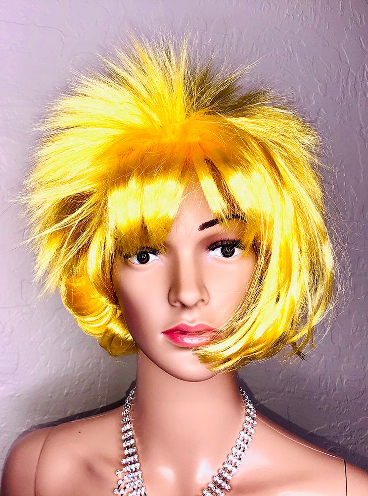 mannequin in long red and yellow flame-like wig