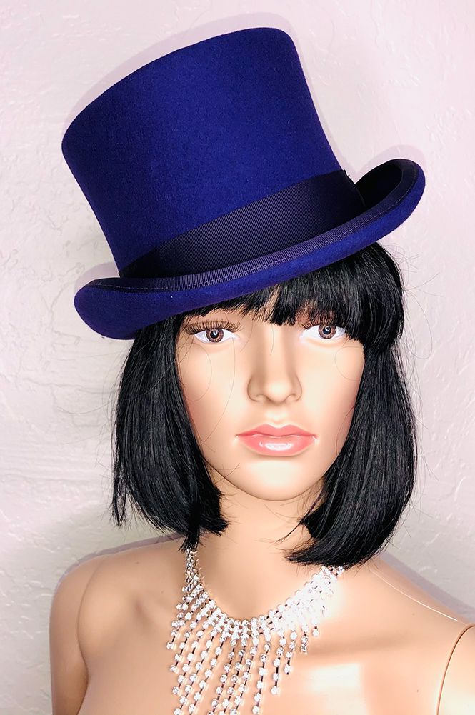 mannequin in blue tophat with black headband