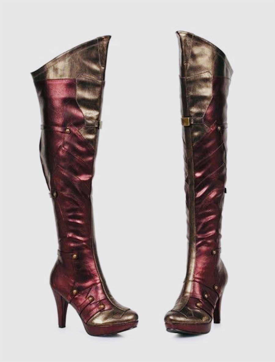 thigh high red and gold leather boots 
